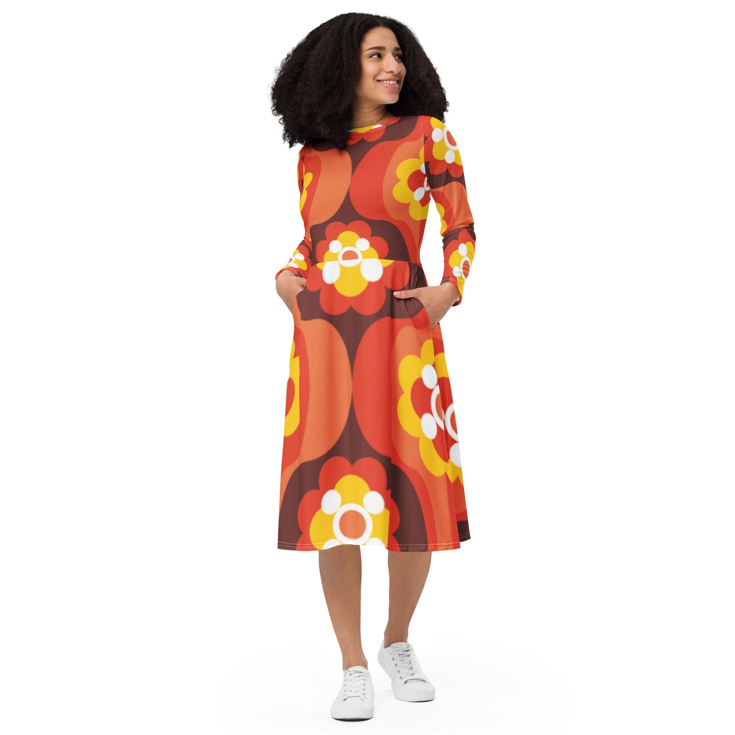 All-over print long sleeve midi dress