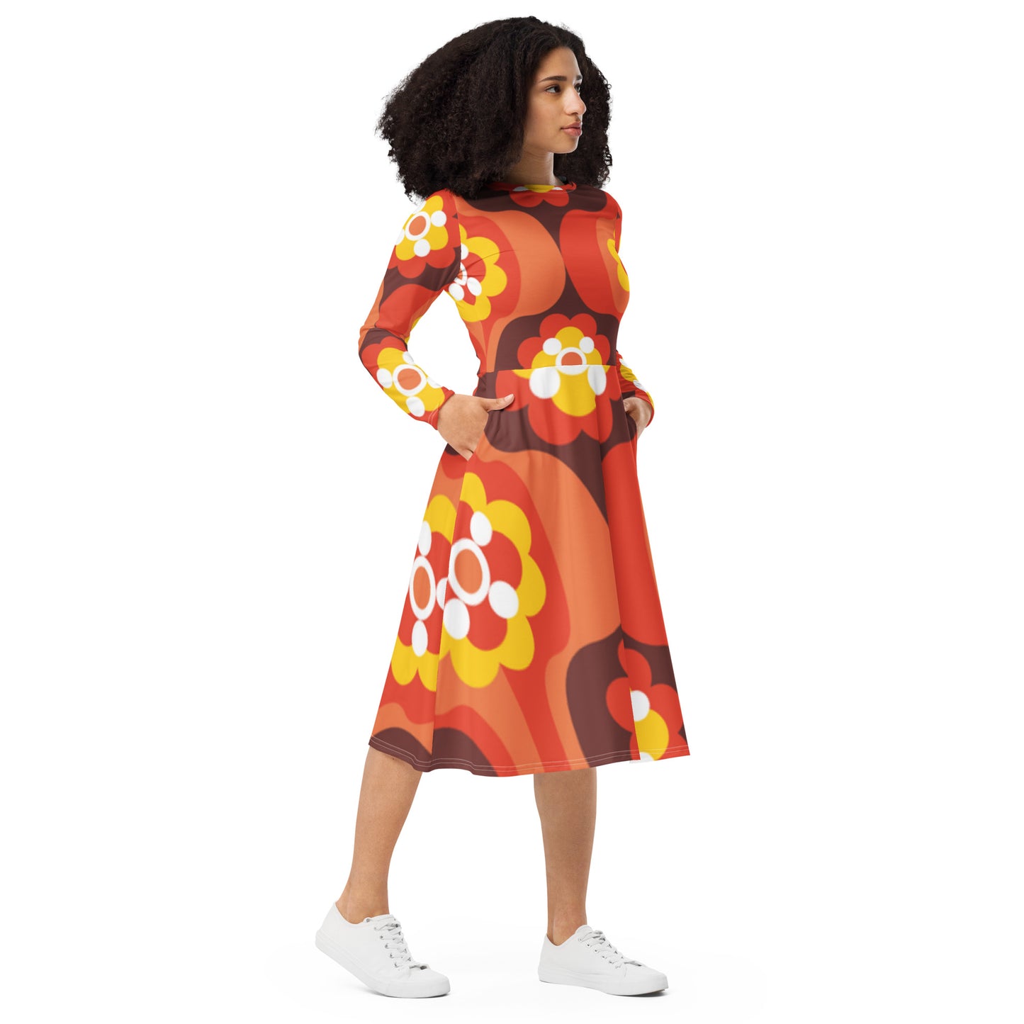 All-over print long sleeve midi dress